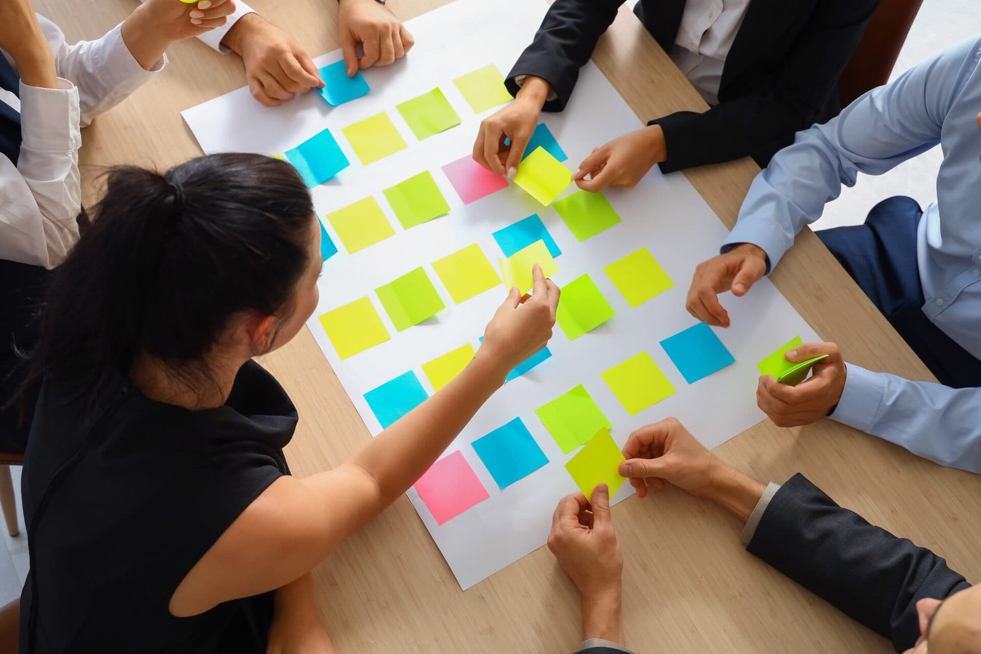 Vista cenital de un equipo que ordena notas adhesivas de colores para mapear un proceso